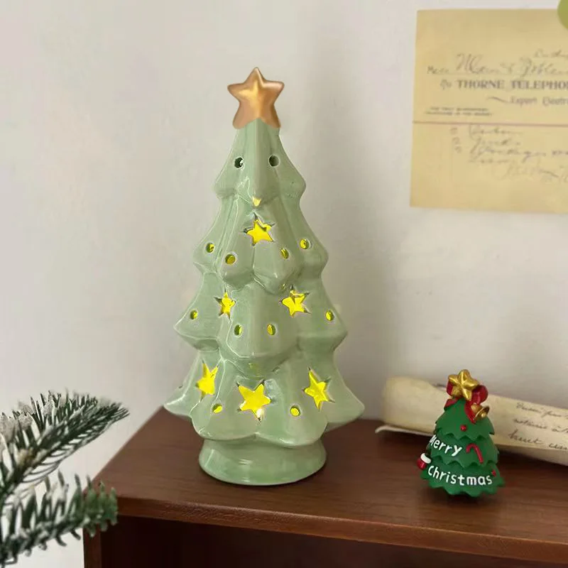 

Christmas Gifts Holiday Home Decor Ceramic Hollow Christmas Tree Statue Night Light Cute Tree Decoration Table Lamp Ornament