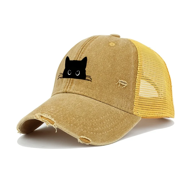 Lässige Baseballkappe mit schwarzem Katzenmuster für LKW-Fahrer, atmungsaktiv, leicht, vielseitig, Retro-Vintage-Entenzungenkappe im Vintage-Stil