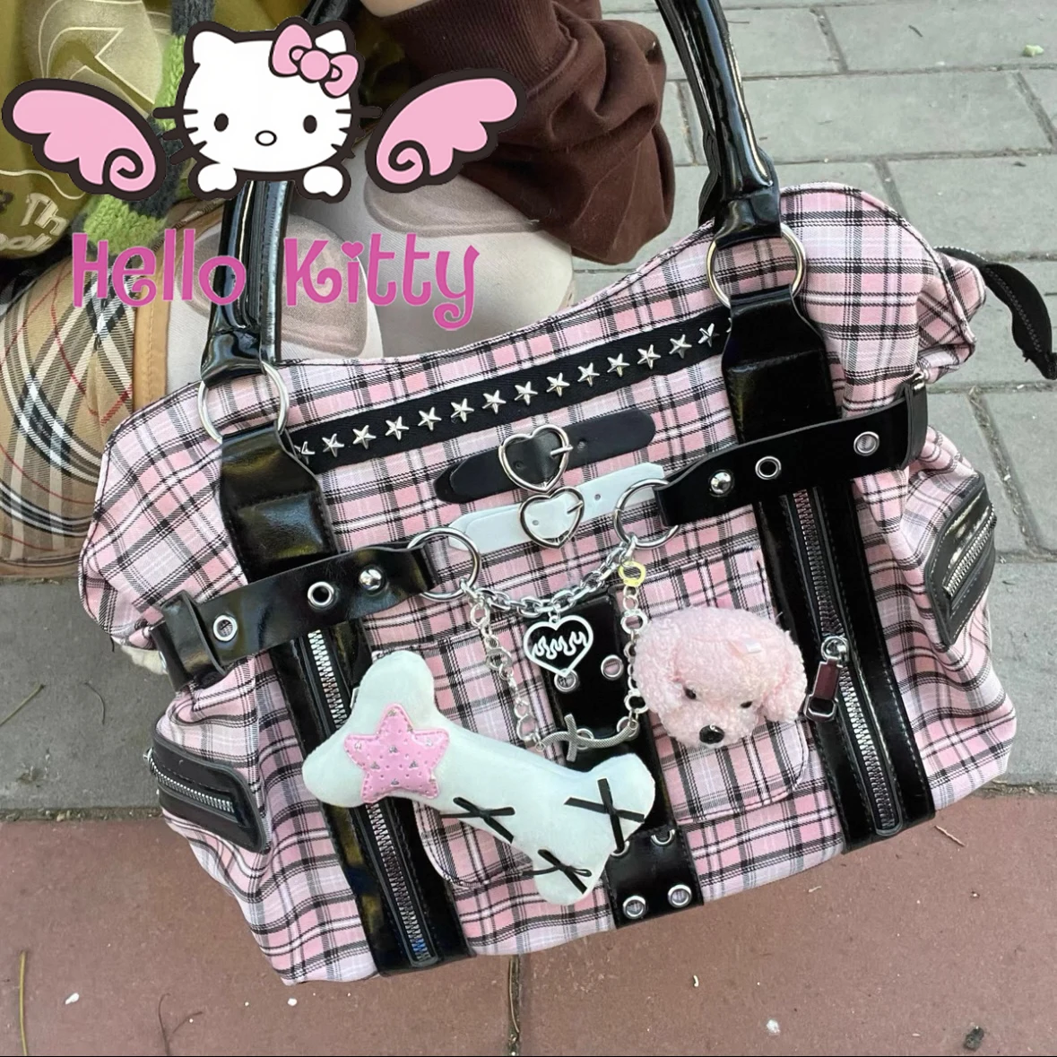 

MINISO новая сумка Hello Kitty, черная, розовая, сетчатая, y2k, модная женская сумка на плечо, сумка для пикантной девушки, нишевый дизайн, подарок на день рождения для девочки