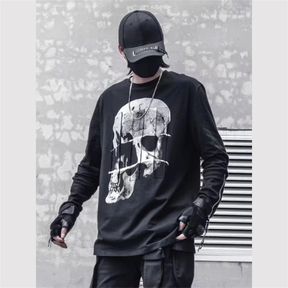 Hip Hop Long Sleeve T-Shirt Men 2025 Spring Skulls Personalized Graphic T Shirts Streetwear Tops Tees Black Harajuku TShirt
