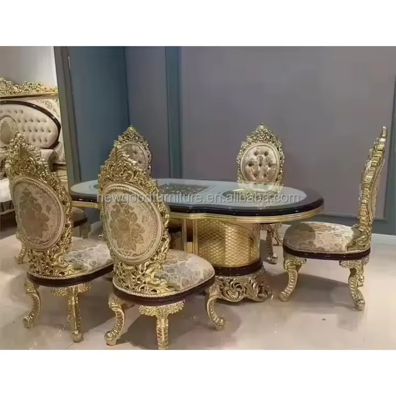 Royal Gold Baroque Stainless Steel Dining Table 2.2 Meters Luxury European Antique Design Home Villa Hotel Living Room Furniture