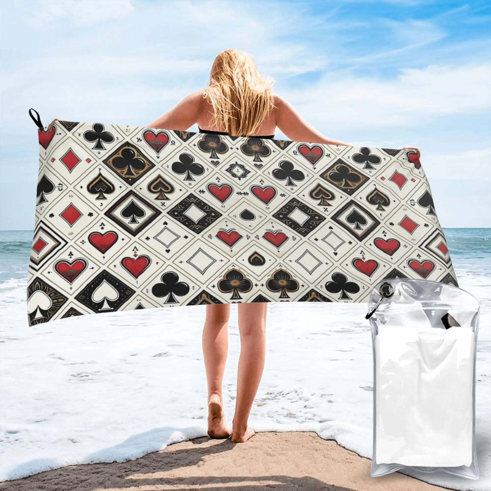 

Пляжное полотенце с символами игральных карт (бриллиант, сердце, червы, пик) из мягкой микрофибры, быстросохнущее, впитывающее, для ванной