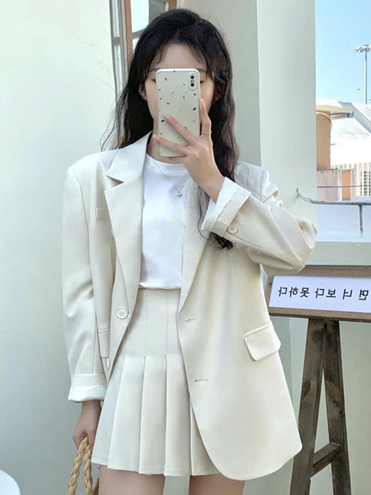 Fashion Spring Autumn 2 Pieces Outfits Suits Women Ladies Clothes Preppy Style Tops Coat Blazer Suit And Pleated Mini Skirt Set