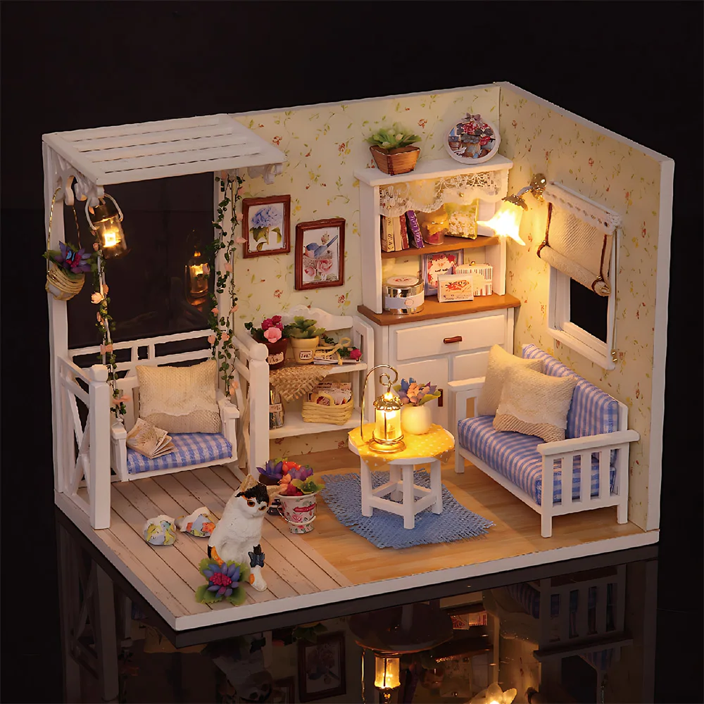 Kitten Mini Wooden Doll House Model Diy House Miniature Kit Building Room Bedroom Decoration Handmade Toys Birthday Gift For Kid