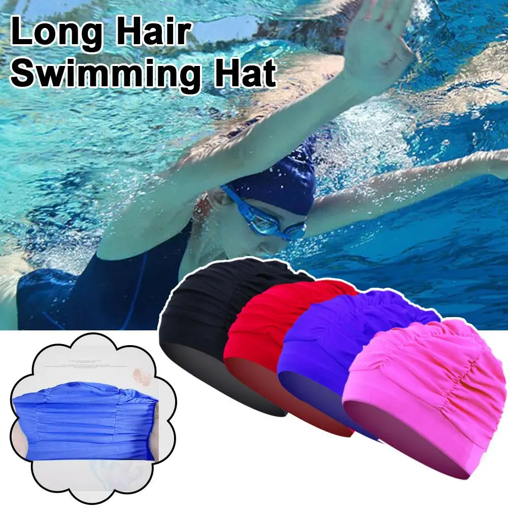 

Swimming Hat Women Unisex Girls Long Hair Bathing Cap Elastic Swimming Stretch Swim Drape Size Sport Turban Free Nylon Cap B1P0