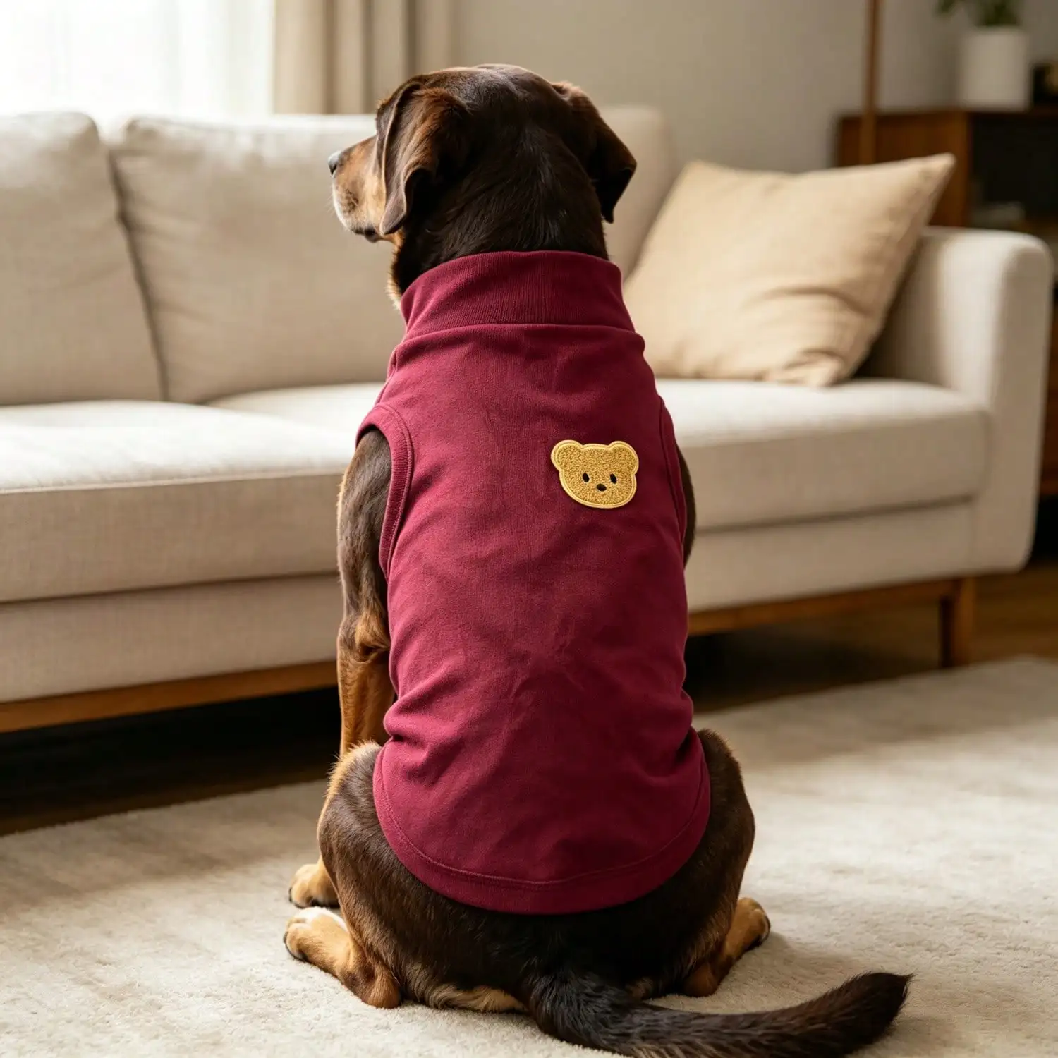Ärmelloses Rollkragen-Hundeweste für große Hunde, weiche Strickkleidung für Haustiere mit niedlichem Bären-Applikationsaufnäher, warmes Hausoutfit – Detail 5