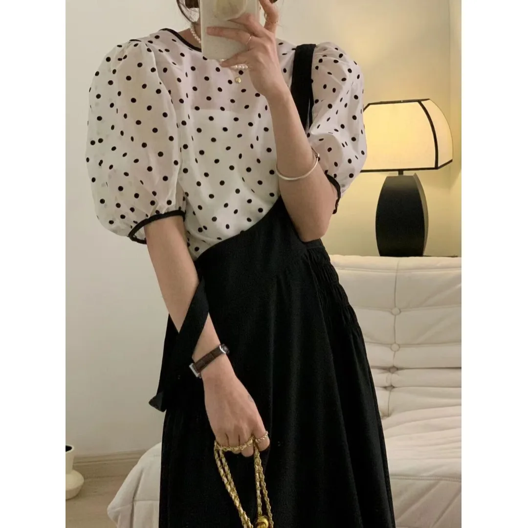 Koreaanse Chic Lente Zomer Polka Dot irt Top vrouwen Faionable Belted Lange Rok Tweedelige Set Ci Pendelen Sle