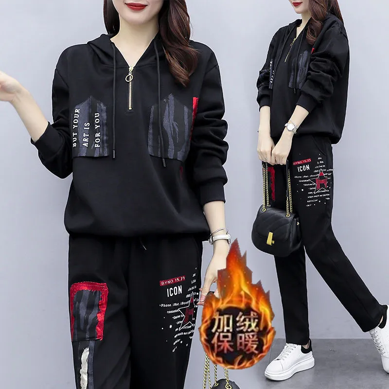 Printed Casual Sportswear Set for Women Fashionable Plus Size Loose Hooded Sweatshirt Two-piece Set Trendy