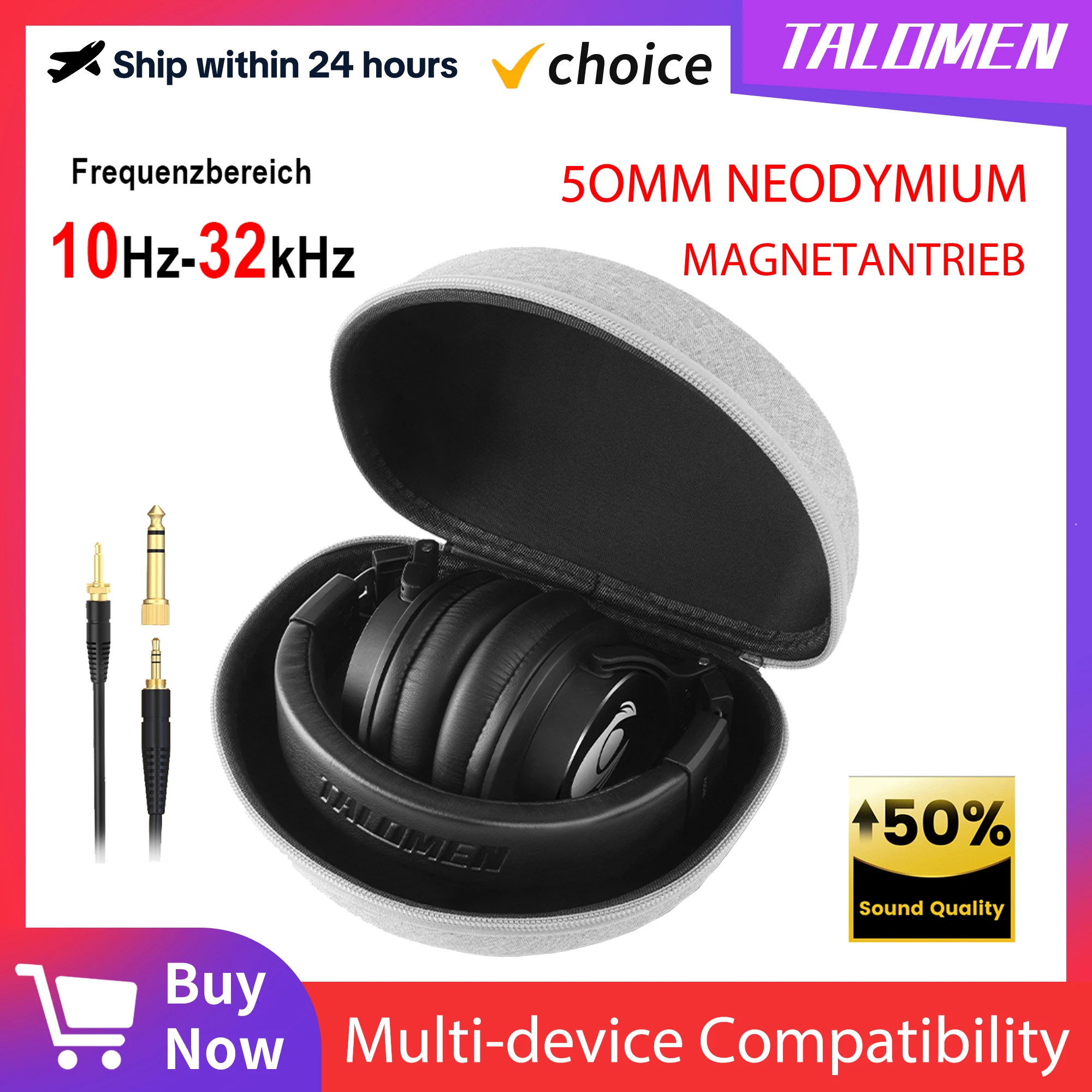 

TOP Talomen W50x Проводные студийные наушники Стерео Профессиональные DJ-наушники Накладные мониторные наушники со съемным кабелем