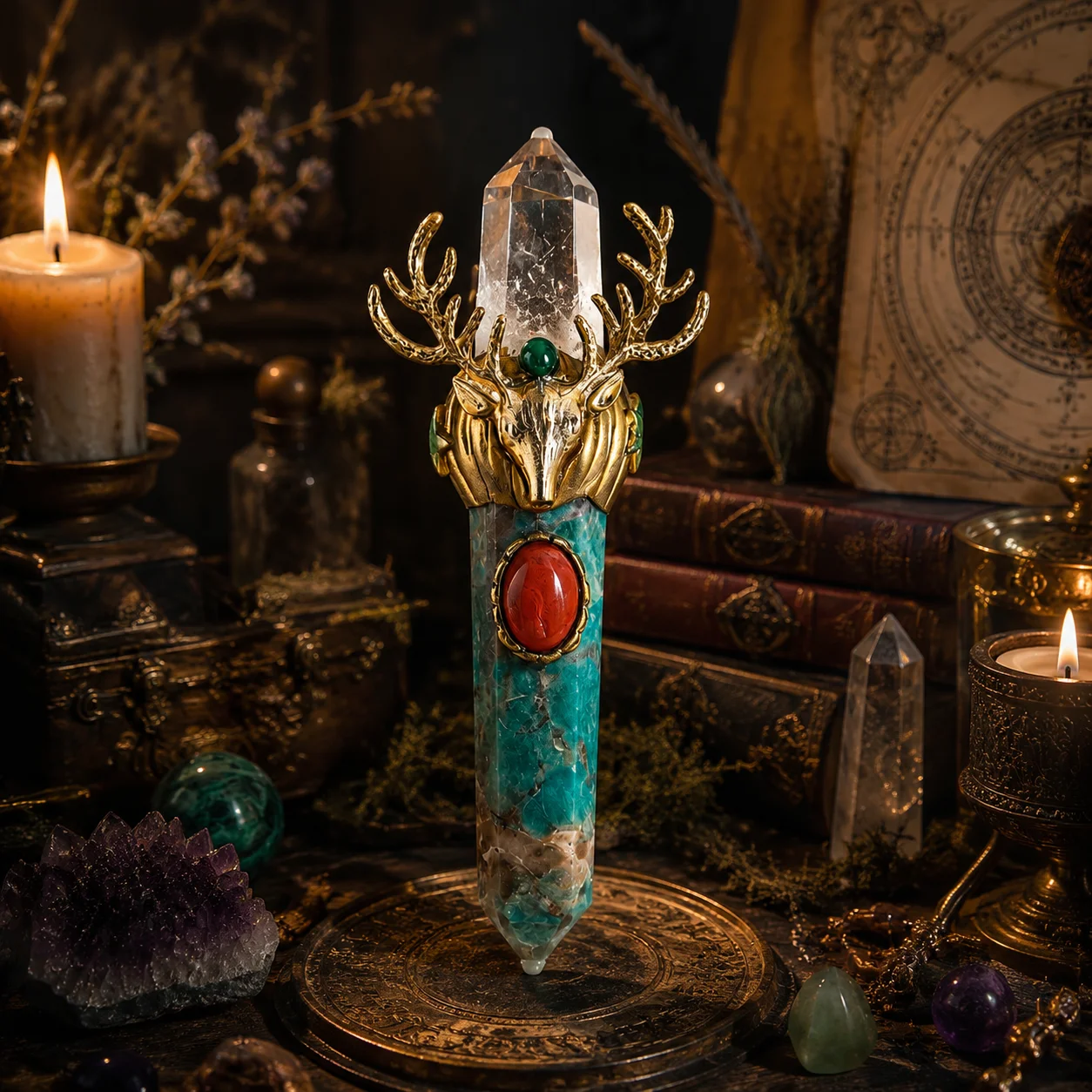Deer Head Natural Hexagonal Apatite Wand With Top Clear Quartz Crystal Healing Mineral Home Table Decor Collectible Art Gift