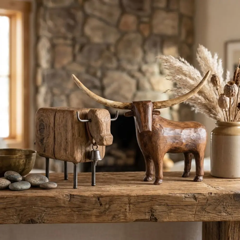 Vintage Style Longhorn Bull Sculpture Western Style Rugged Sheep Cow Figurine Handcrafted Rustic Longhorn Bull Craft Ornament