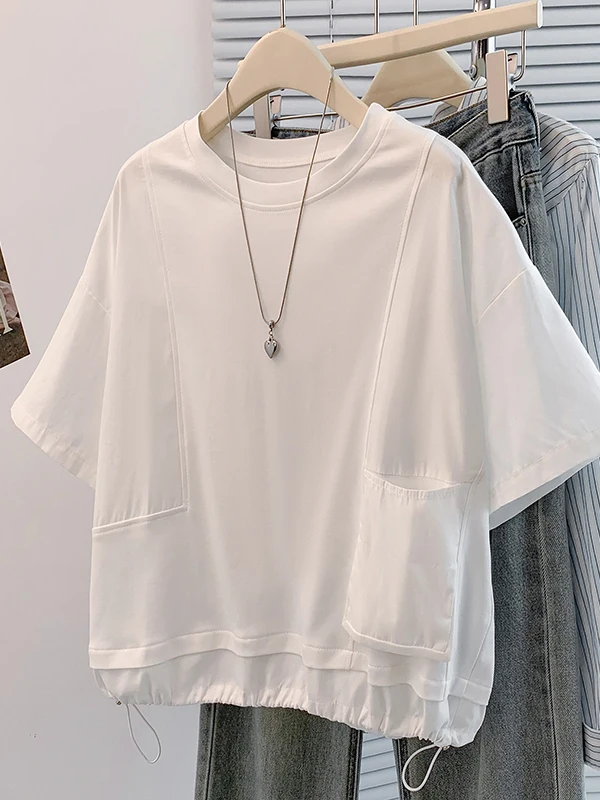Summer New Style Age Reduction Color Block Design Drawstring Slimming Large Size Short Sleeve T-Shirt Women's Fashion Brand
