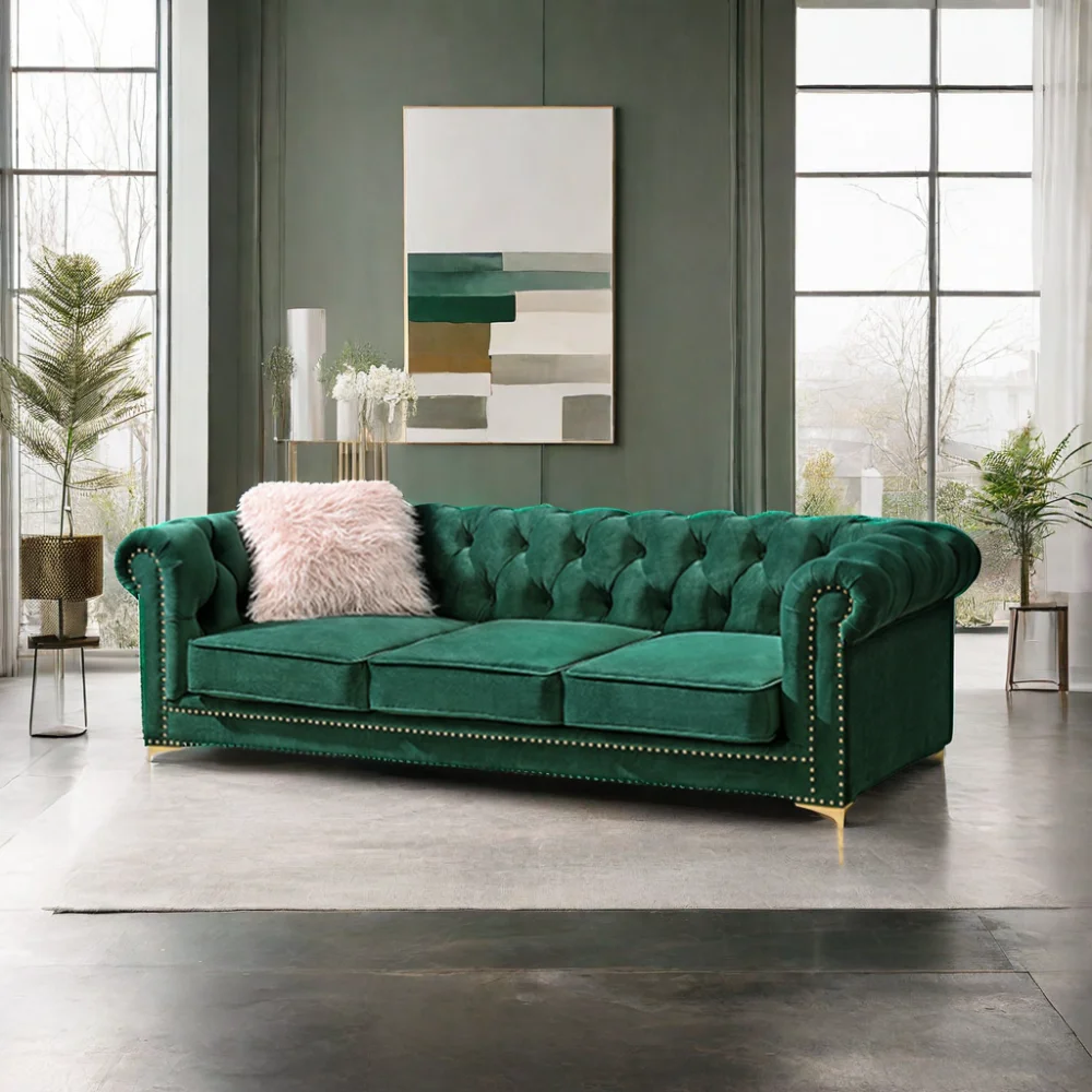 

American Luxury Modern Simple Three-Seater Sofa Set Living Room Furniture Velvet Fabric Dark Green Made Wood Pull Button Design