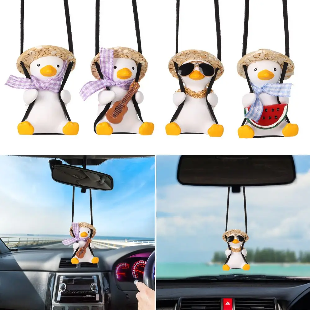 Decoraction Mirror Ornaments Car Pendant Decor School Bag Duck Car Pendant Swing Duck Straw Hat Swing Duck Car Hanging Ornament