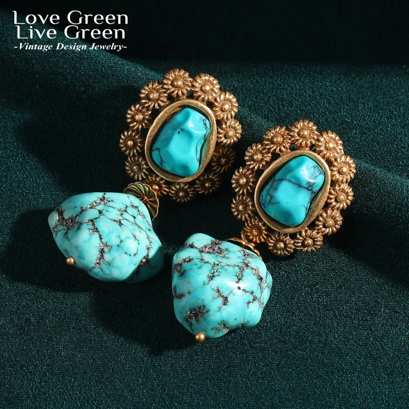 

Irregular Vintage Turquoise Drop Earring For Women Gold Color Quality Jewelry Luxury New Trends 2026 Banquet Elegant Accessories