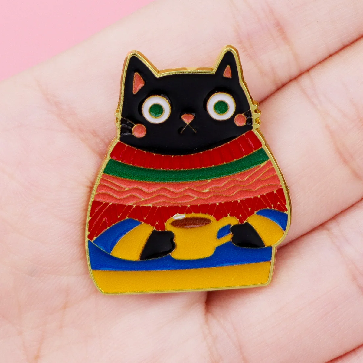 Broche metálico de gatito negro esmaltado para solapa y ropa