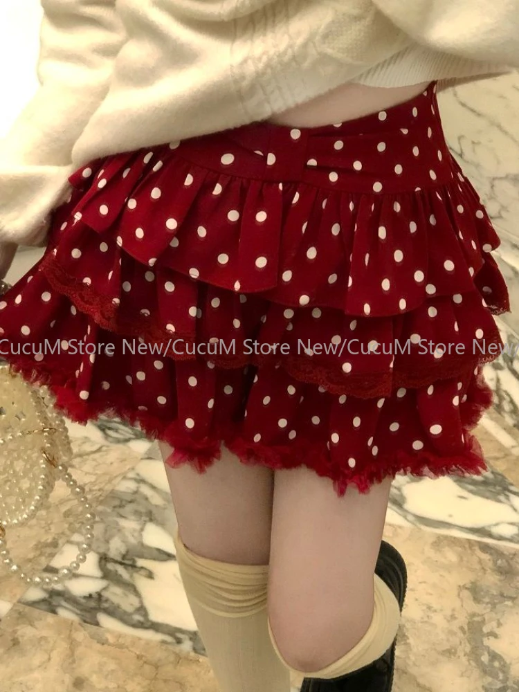 Woman High Waist Polka Dot Lace Bow Cake Skirt Sweet Kawaii Y2k Mini Skirt Lolita Japanese Style Fashion Skirt Autumn Winter