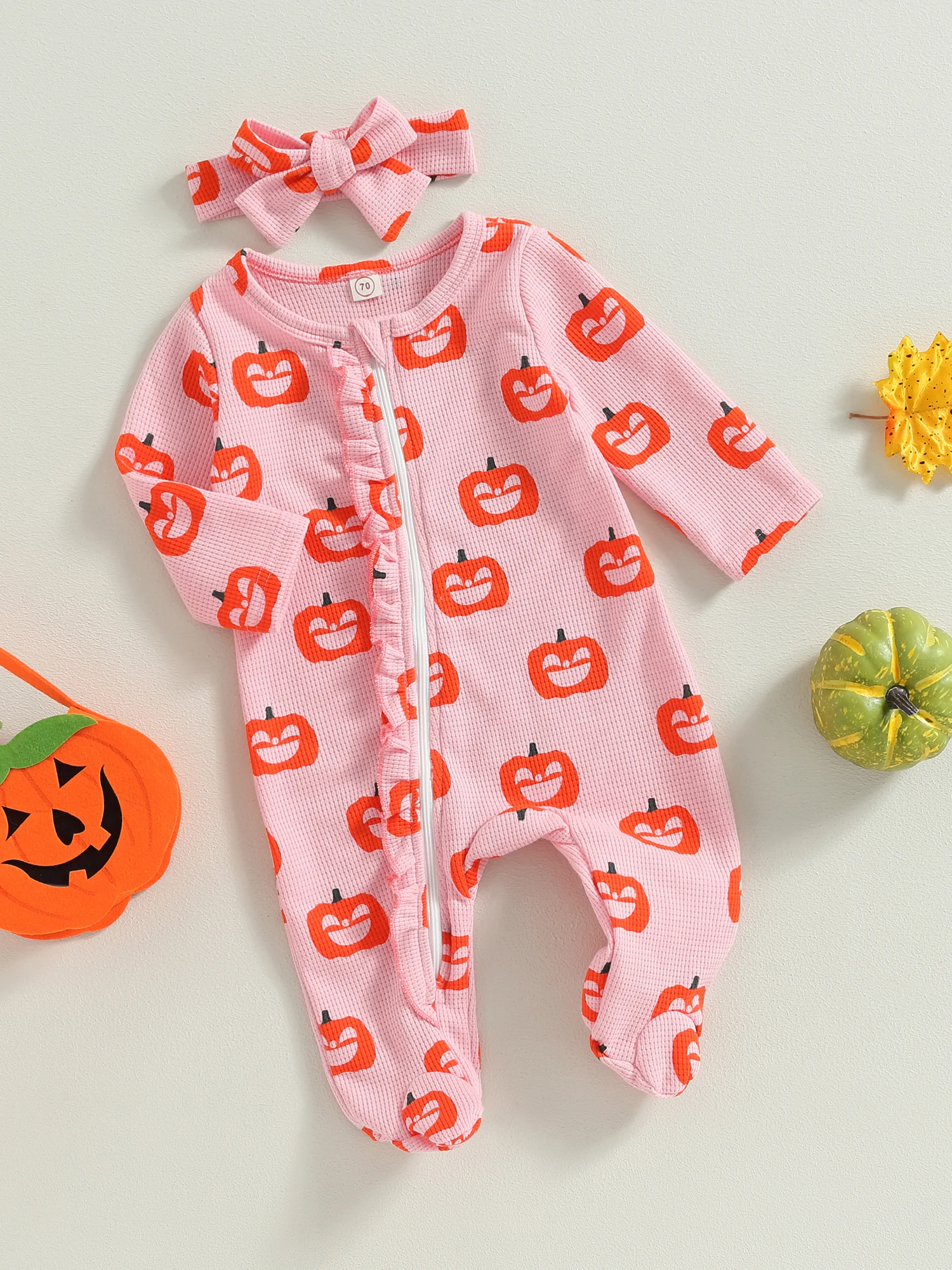 

Baby Boy Girl Halloween Costume Pumpkin Footed Romper Jumpsuit Long Sleeve Waffle Knit Footie Infant Outfit