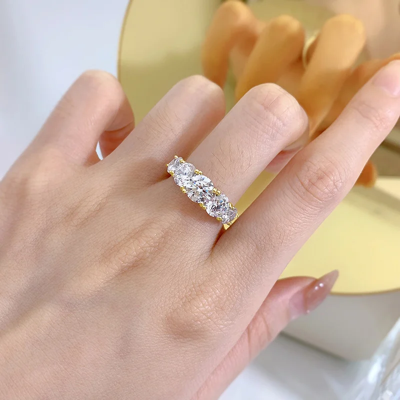 OXTAO Funkelnder 5-Steine-Moissanit-Diamantring für Damen, 14 Karat Gold gefüllt, Ehering, Fingerringe, Schmuck, Paar, zertifiziert – Detail 13