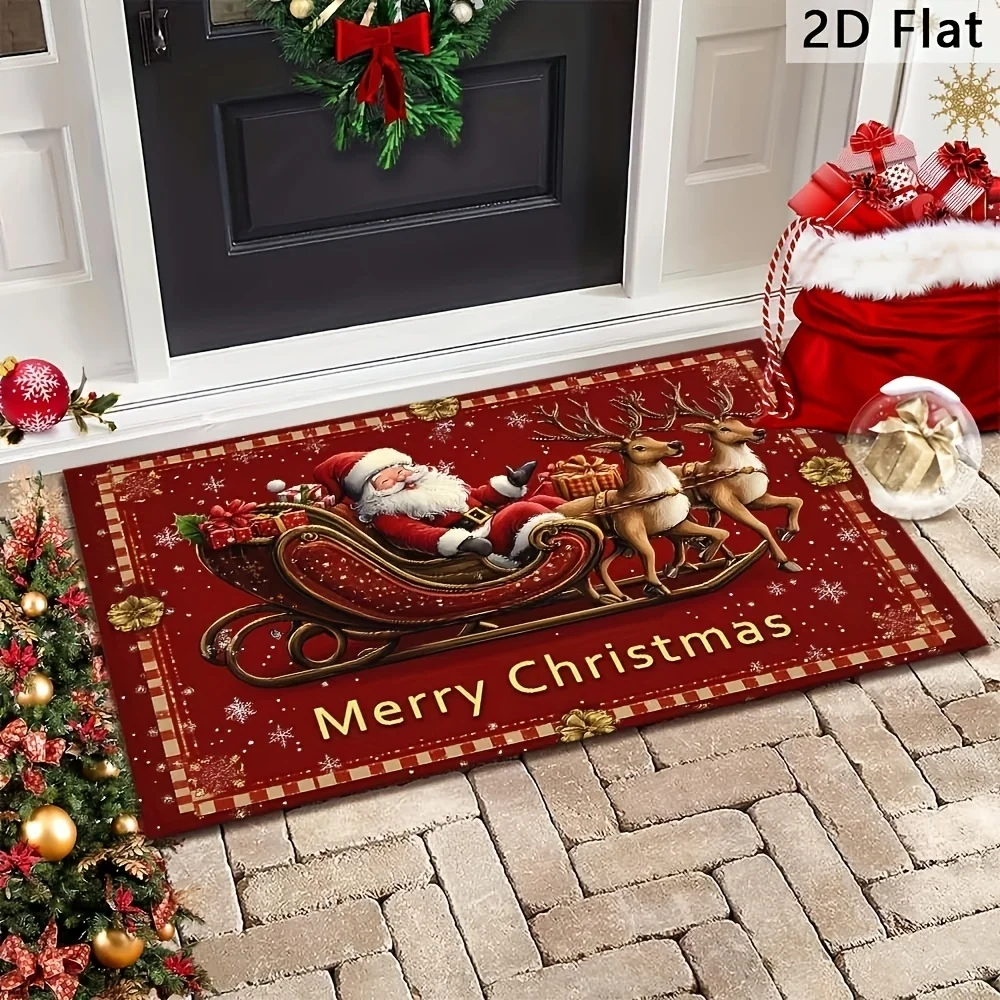 B14LYX Merry Christmas Doormat Golden Bell Holly Poinsettia Candy Cane Gift Print Holiday Indoor Entry Home Decor