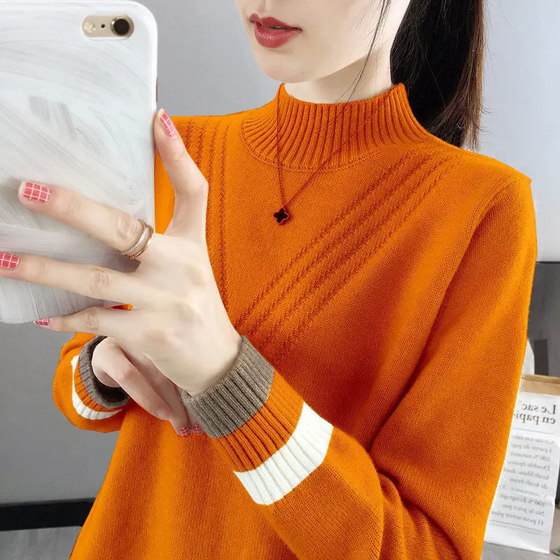 

Stylish Half High Collar Spliced All-match Knitted Sweater Women's Clothing 2022 Autumn New Loose Casual Pullovers Commute Tops