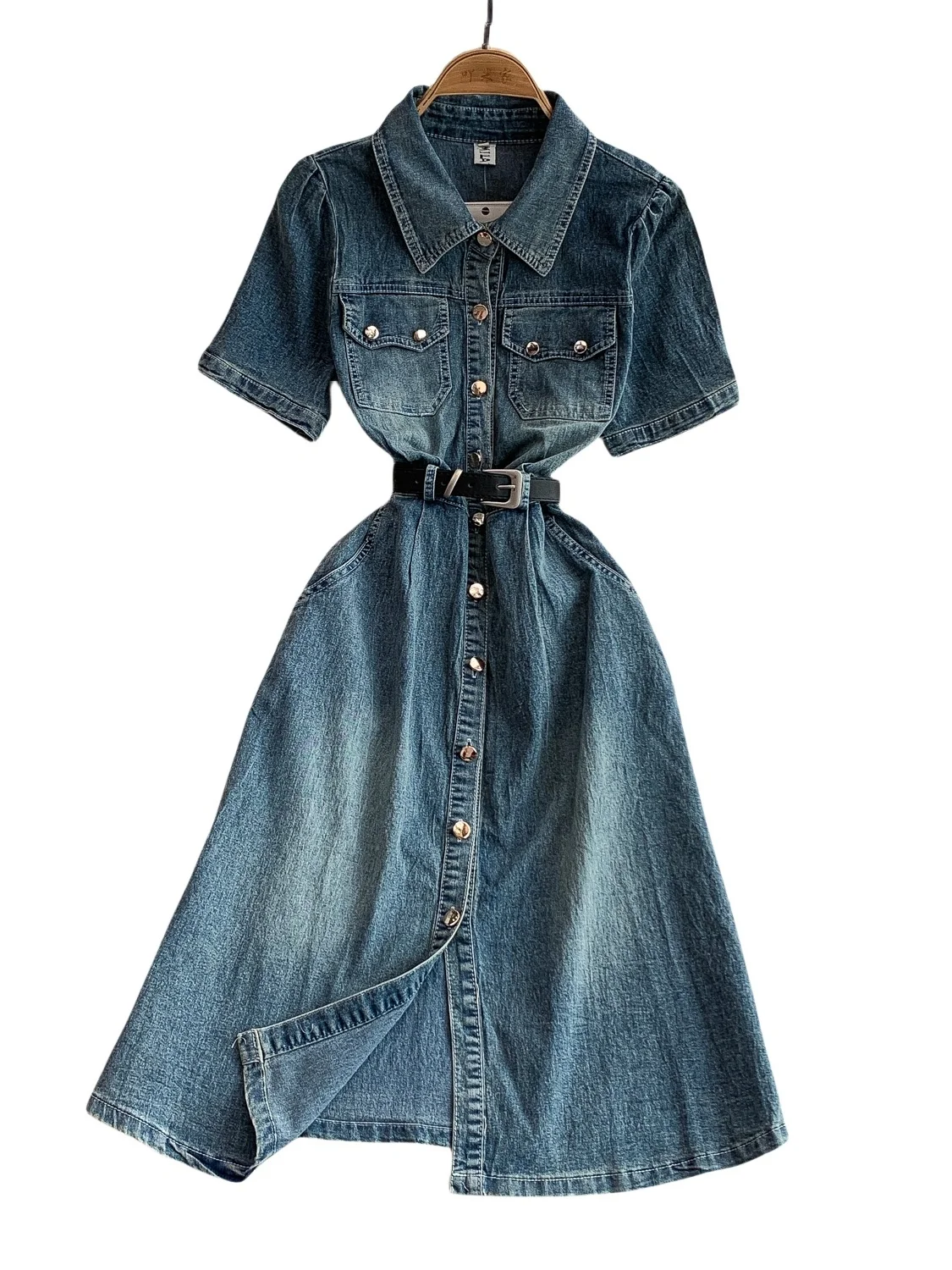 ライトブルー ポロカラー デニムワンピース レディース Aライン ミディ丈スカート シングルボタン 細見えデザイン 春夏 韓国風 半袖