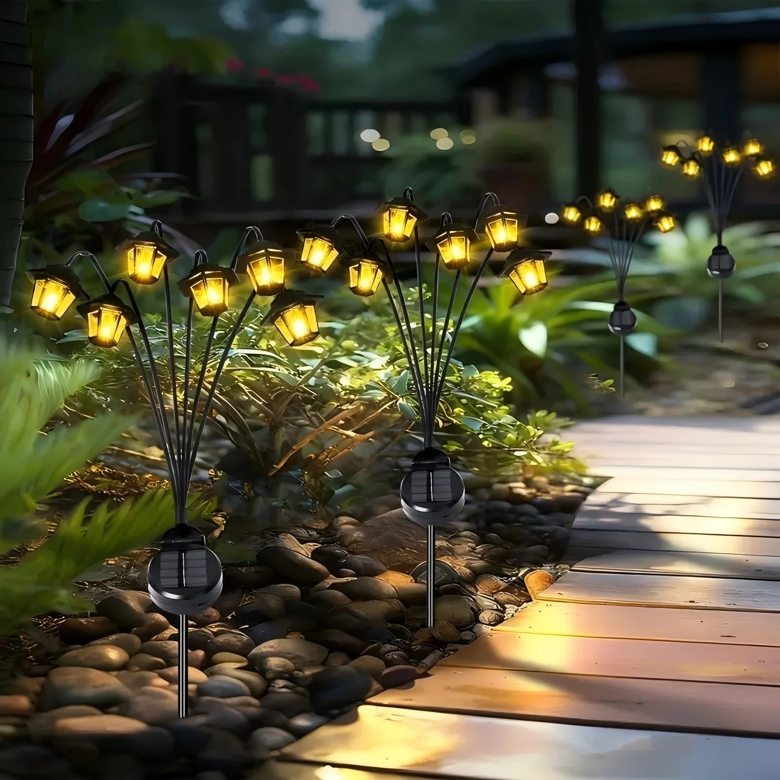 Curved Branch Solar Garden Stake Lights Retro Hanging Lanterns, Auto On/Off Solar Powered Ground Light for Patio Ornament