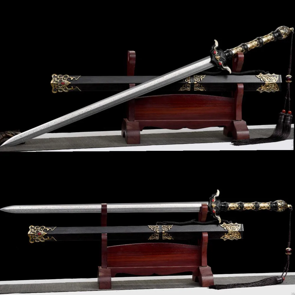 High Quality Battle Jian Sword HanJian Folded Forged Sharp Damascus Steel Blade Beautiful Alloy Handle Fittings Ebony Scabbard