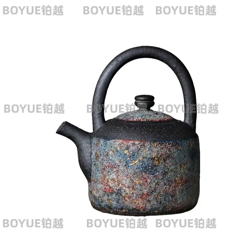 Handmade Chinese Ancient Style Teapot Raw Ore Coarse Pottery Beam Pot Japanese Brewing Tea Kettle Tang Song Dynasty Gaoyue