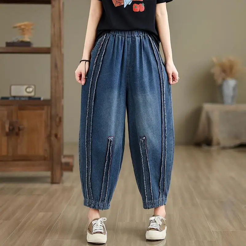 Pantalon sarouel en coton denim à taille élastique pour femme, jean bleu, patchs vintage, design adt, nouveau style artistique, printemps, été, 2024