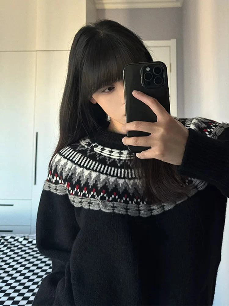 Retro American Fair Isle Knit Sweater Men's Winter Floral Loose round Neck Pullover Cleanfit Base Shirt Warm Geometric Pattern