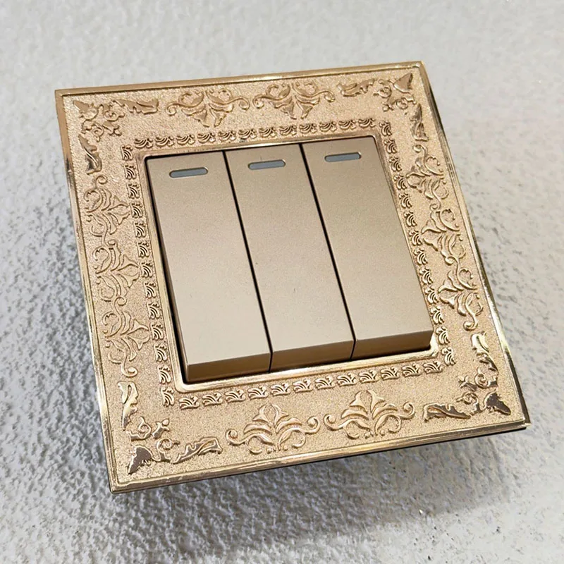 Retro Gold Carved Zinc Alloy Switch Socket British Standard 86 Type Recessed Installation 13A and 16A