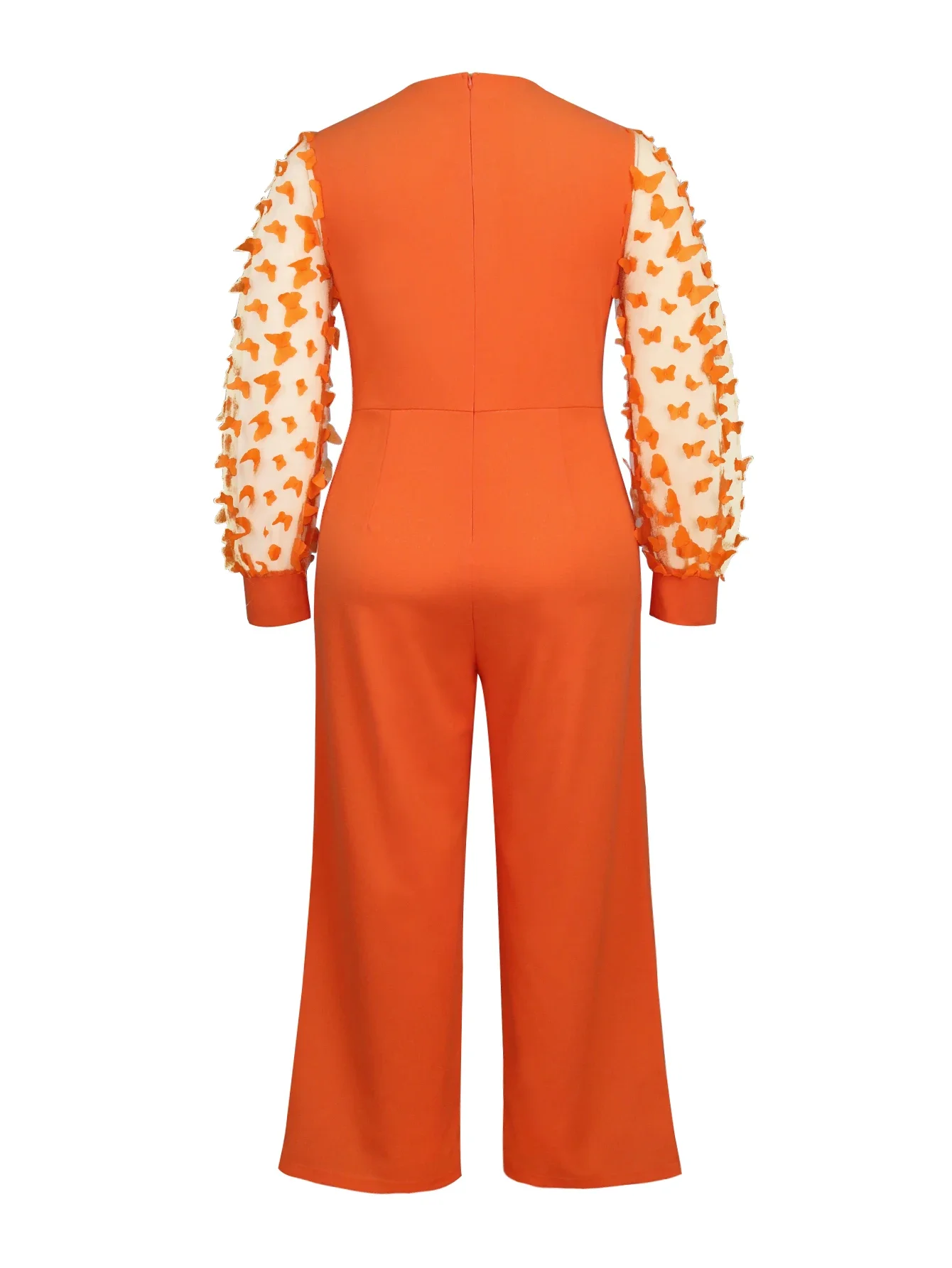 AOMEI 2024 Autumn/Winter New Orange Splicing Jumpsuit Women\'s Butterfly Mesh Long Sleeve Elegant Party Tie Diamond Belt Jumpsuit