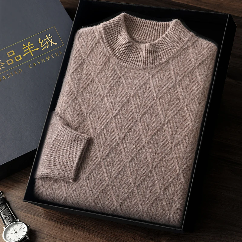 High Quality Men's Winter Thick Cashmere Sweater O-Neck Long Sleeve Pullover 100% Wool Knit Diamond Knit Smart Casual Top