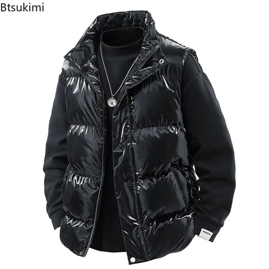 New Unisex Shiny Stand Collar Down Cotton Padded Vest Autumn Winter Fashion Loose Warm Casual Sleeveless Waistcoat for Men Women