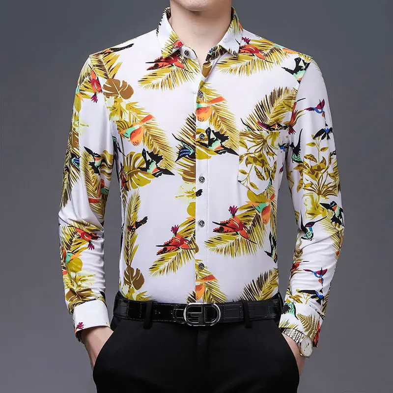 Fashion Men Vintage Hawaiian Long Sleeve Shirt Spring Autumn New Koreon Streetwear Male Clothes Business Casual Black Tops 2023