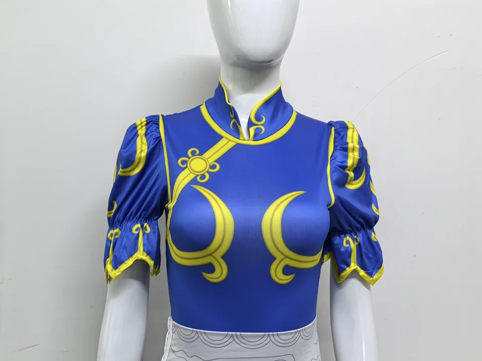 Disfraz de Cosplay Street Fighter Chun Li para Mujer Juego de Lucha Cheongsam Azul con Tocada y Cinturón Halloween 6