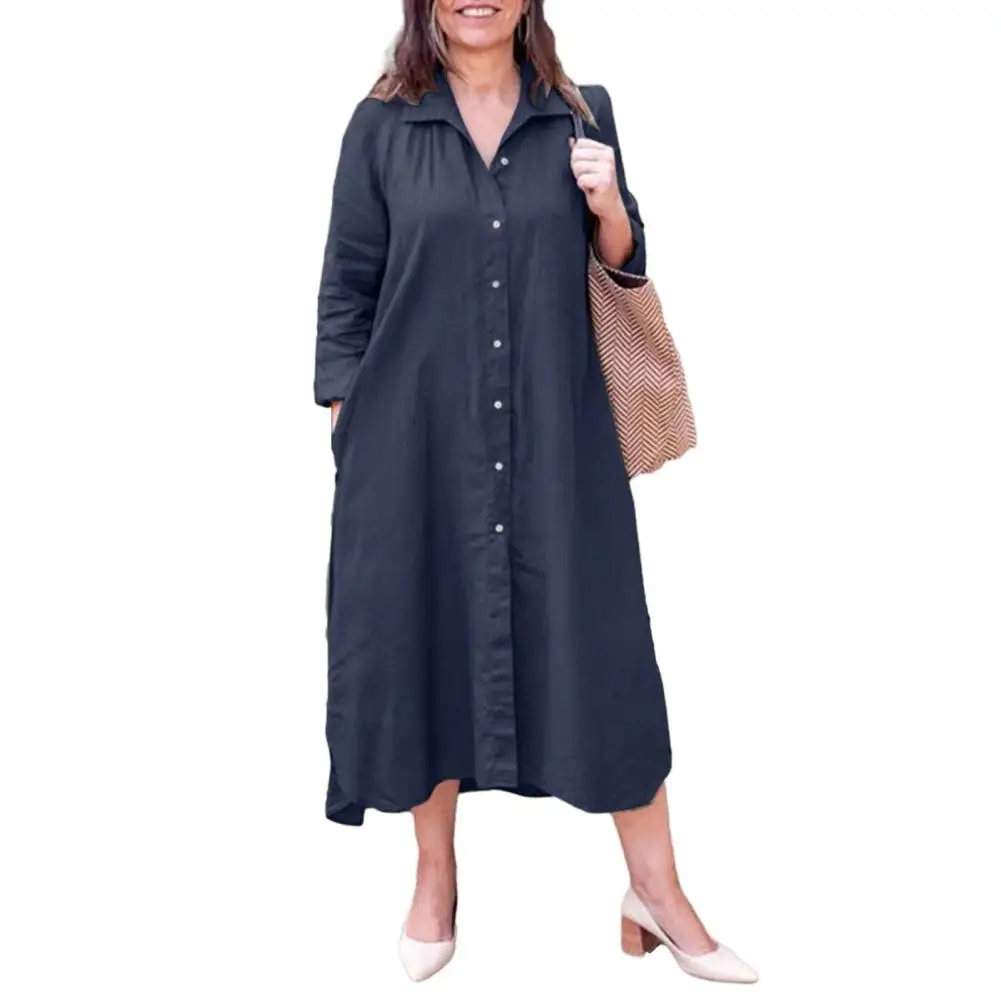 

2023 Women's Midi Dress with Lapel Long Sleeves Pockets for Spring Autumn