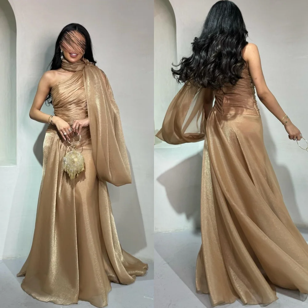 Customized  Organza Draped Pleat Formal Evening A-line High Collar Bespoke Occasion Gown Long Dresses Saudi Arabia