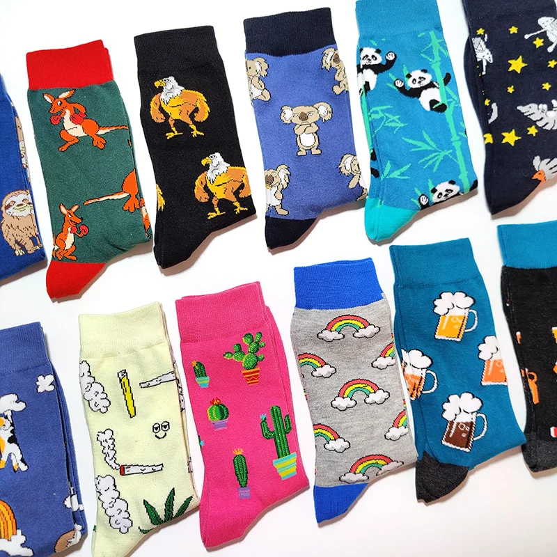 Funny Cartoon Rocket Rainbow Beer Eagle Dog Cat Theme Men Socks Cotton Novelty Hip Hop Trend Street Skateboard Socks