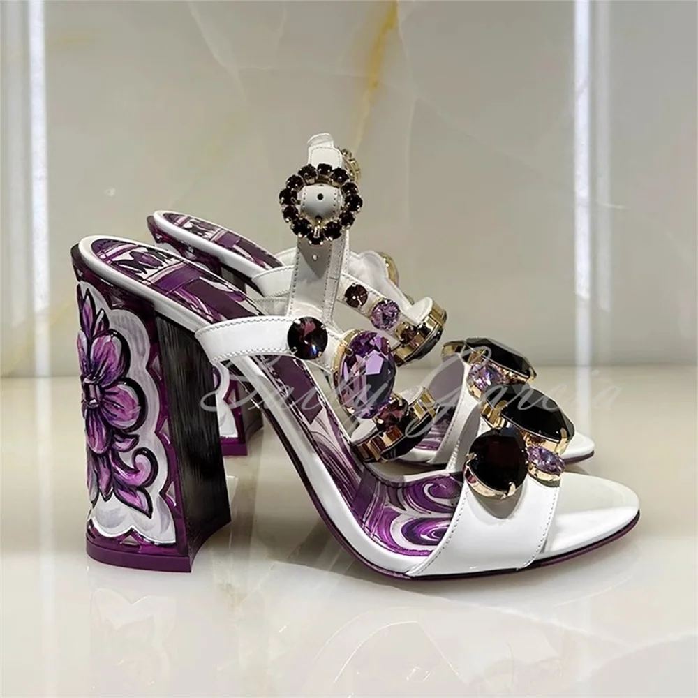 Luxury Diamond Crystal Decor Modern Sandals Women Open Toe Purple and White Chunky Heel Ankle Strap Summer New Dress Shoes view 4
