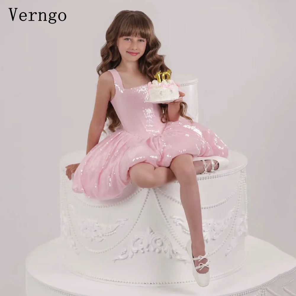 Verngo Pink Shiny Pincess Ball Girl Flowers Dress Spaghetti Strap A Line Kid Birthday Party Dresses Celebrity Gown Customized