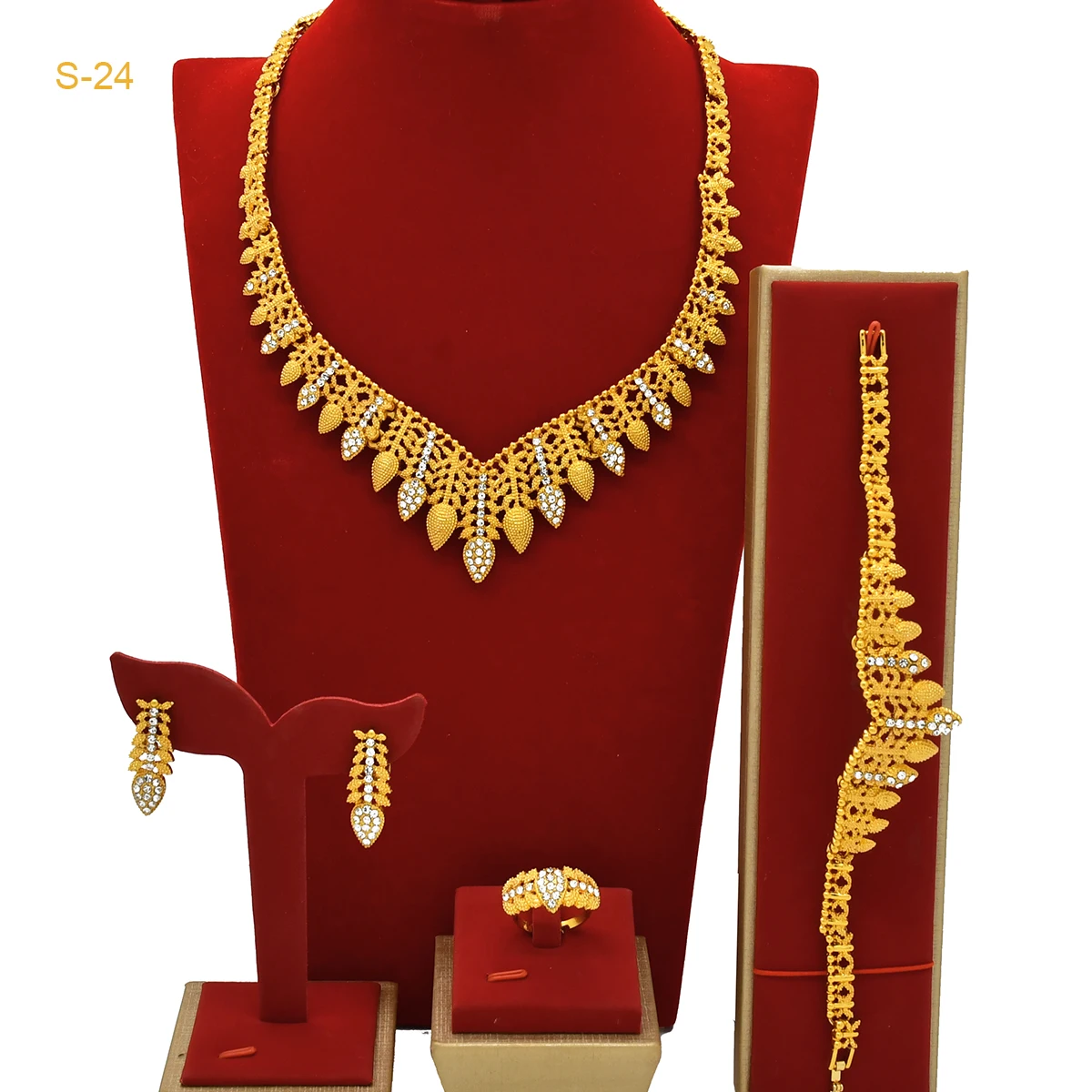 New Indian Luxury 24k Gold Plated Jewelry Sets For Women Arab Bridal Wedding Cystal Necklace Set Dubai Jewellery Gifts Wholesale