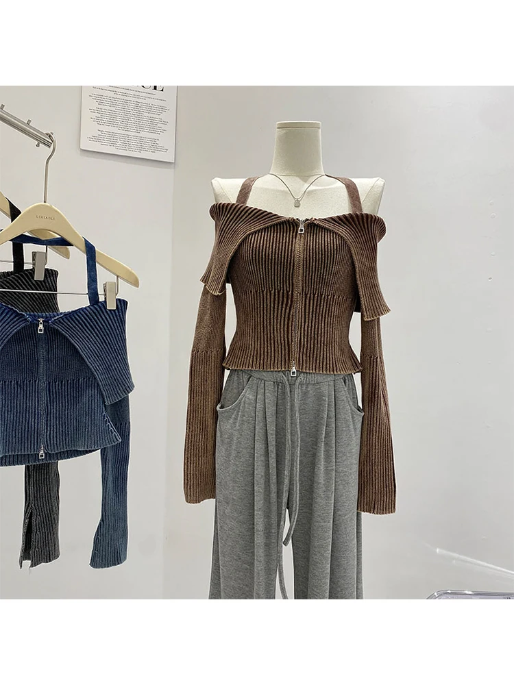 Autumn Women Korean Fashion Design Gyaru 2000s Aesthetic Halter Top Slash Neck Coquette Solid Color Full Zip Crop Top Cute Tide