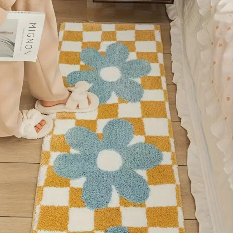 VIKAMA Rustic Checkered Bath Mat Comfortably Soft and Warm Non-Slip Bathroom Mat Bedroom Entrance Rug Bedside Carpet Home Decor