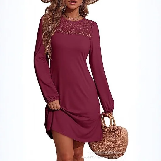 Y2K المرأة جولة الرقبة بلون المرقعة الدانتيل مخرمة عارضة فستان بكم طويل الخريف/الشتاء فستان فضفاض صالح