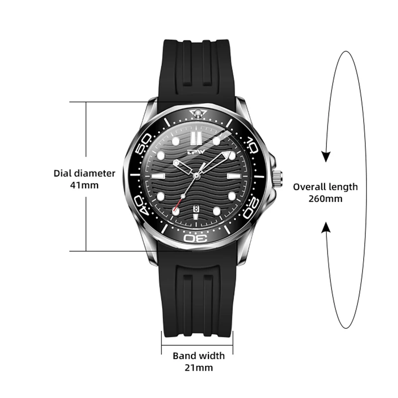 TPW  Quartz Movement 41mm Rotating Bezel  Silicone Strap Watch Analog with Day Function Business Watch