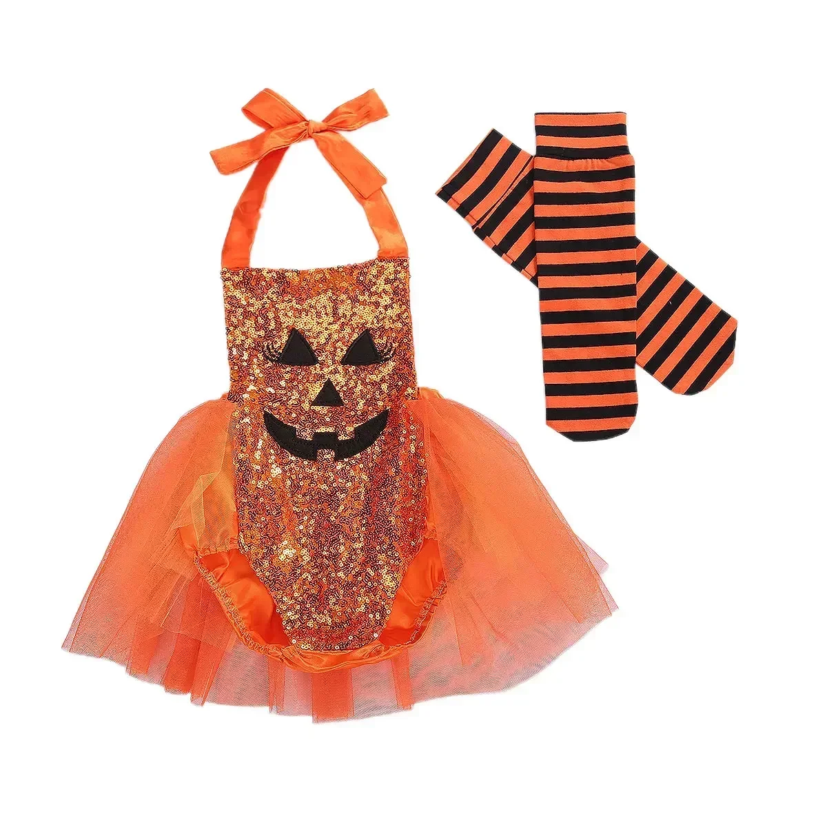 Baby Girl Halloween Costume Cute Pumpkin Face Sequin Halter Romper Tutu Dress + Striped Socks 2Pcs Outfits Party Wear Cosplay