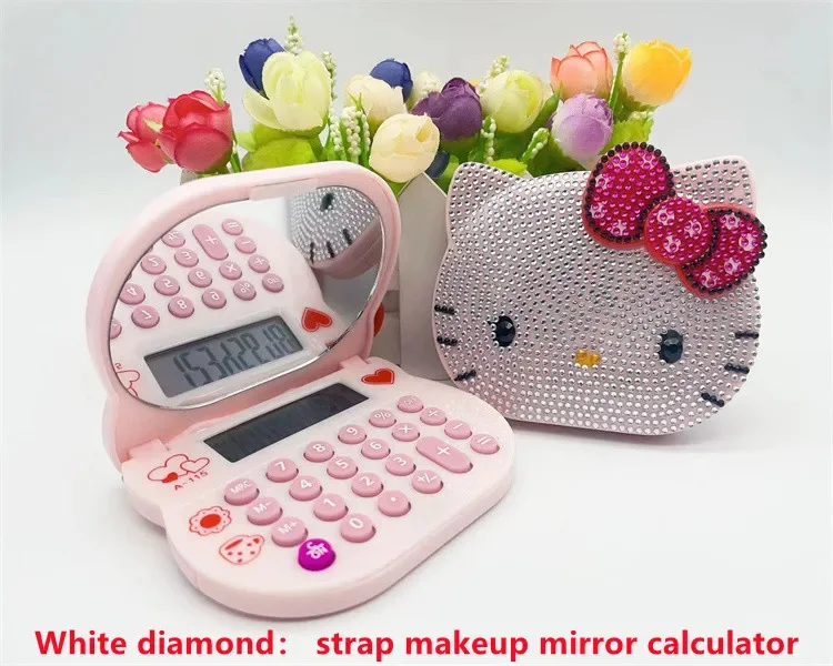 

Cute Sanrio Makeup Mirror Calculator Hello Kitty Diamond Accessories Anime Cartoon Kawaii Clamshell Portable Toys for Girl Gifts