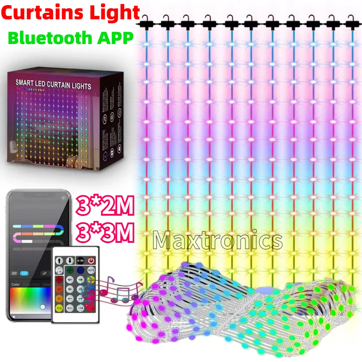 Bluetooth RGB Colorful Curtains Light 3*2M/3*3M LED Fairy Lamp Remote Control Waterproof for Bedroom Living Room Christmas Light